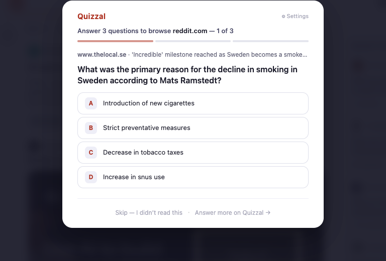 A Quizzal quiz overlay on reddit.com asking three questions before the feed unlocks.